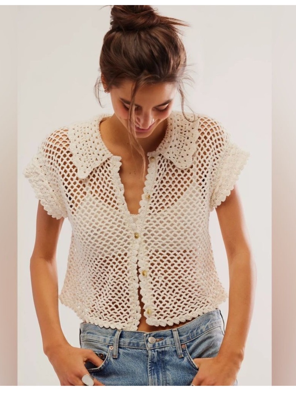 Free People Lily Crochet Top in Coconut Milk - Boho Button Down